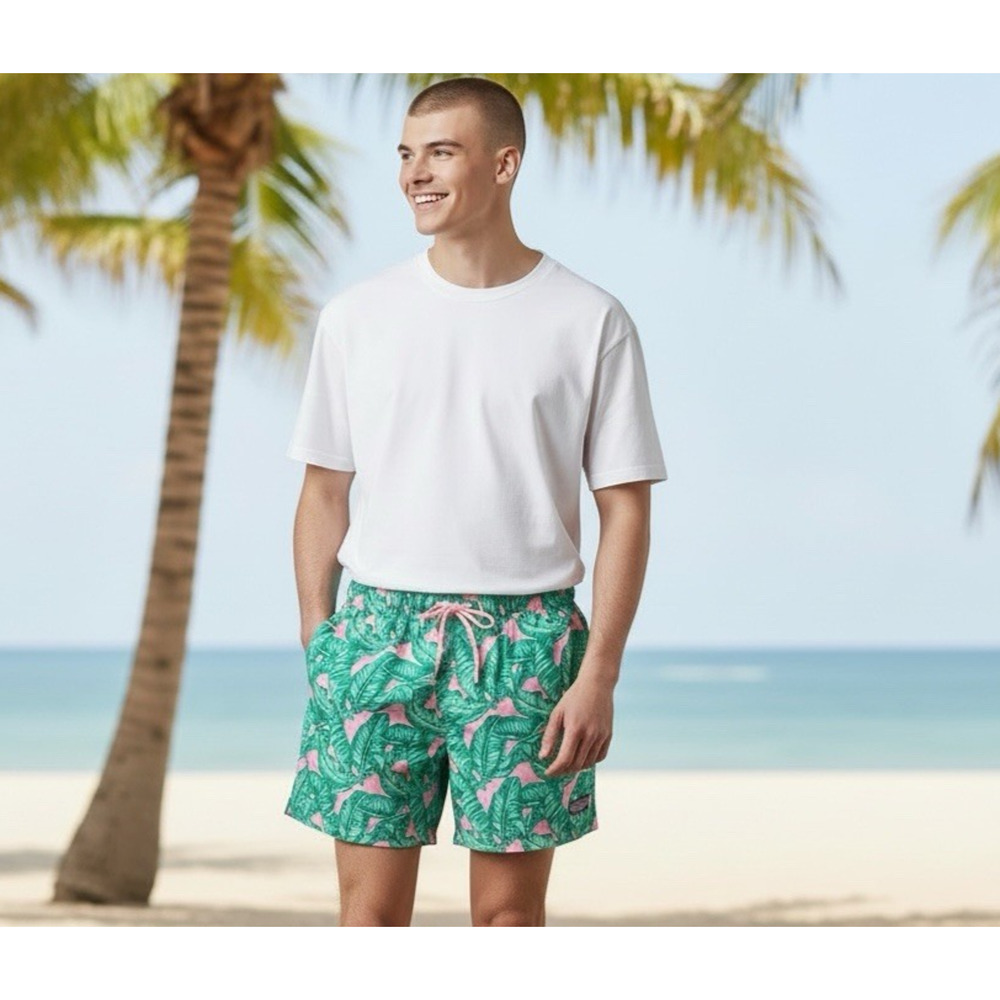Vineyard Vines Green Tropical Leaf Swim Trunks with Pink Accents